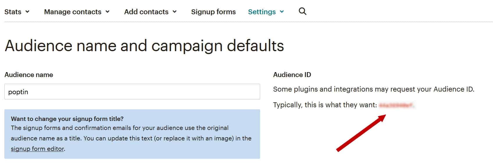 mailchimp ポップアップメールリストのオーディエンス ID