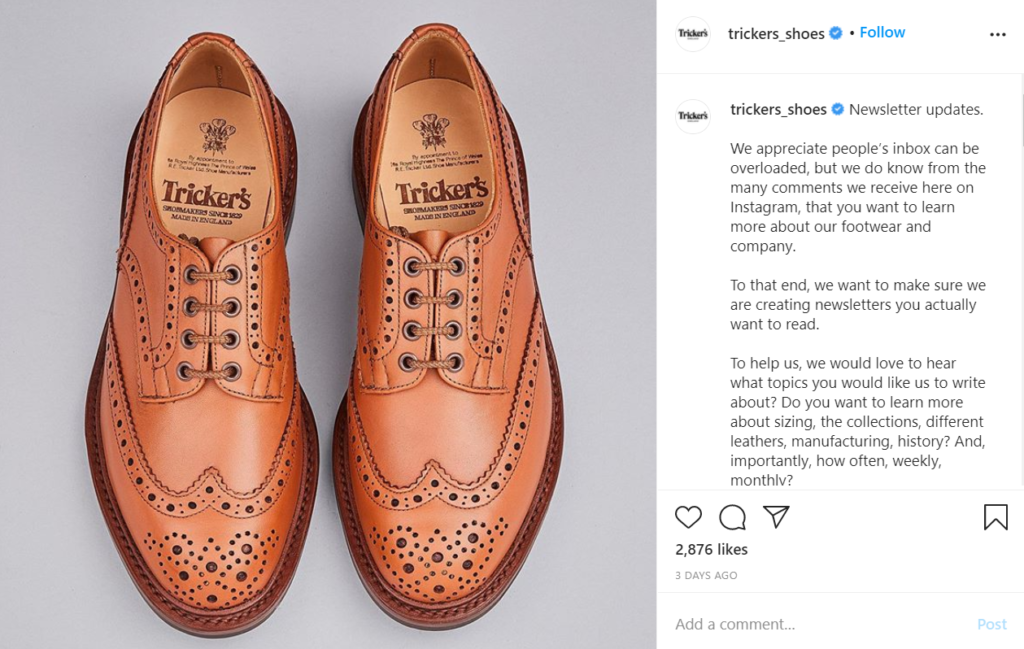 图片来源：Trickers Shoes Instagram 页面