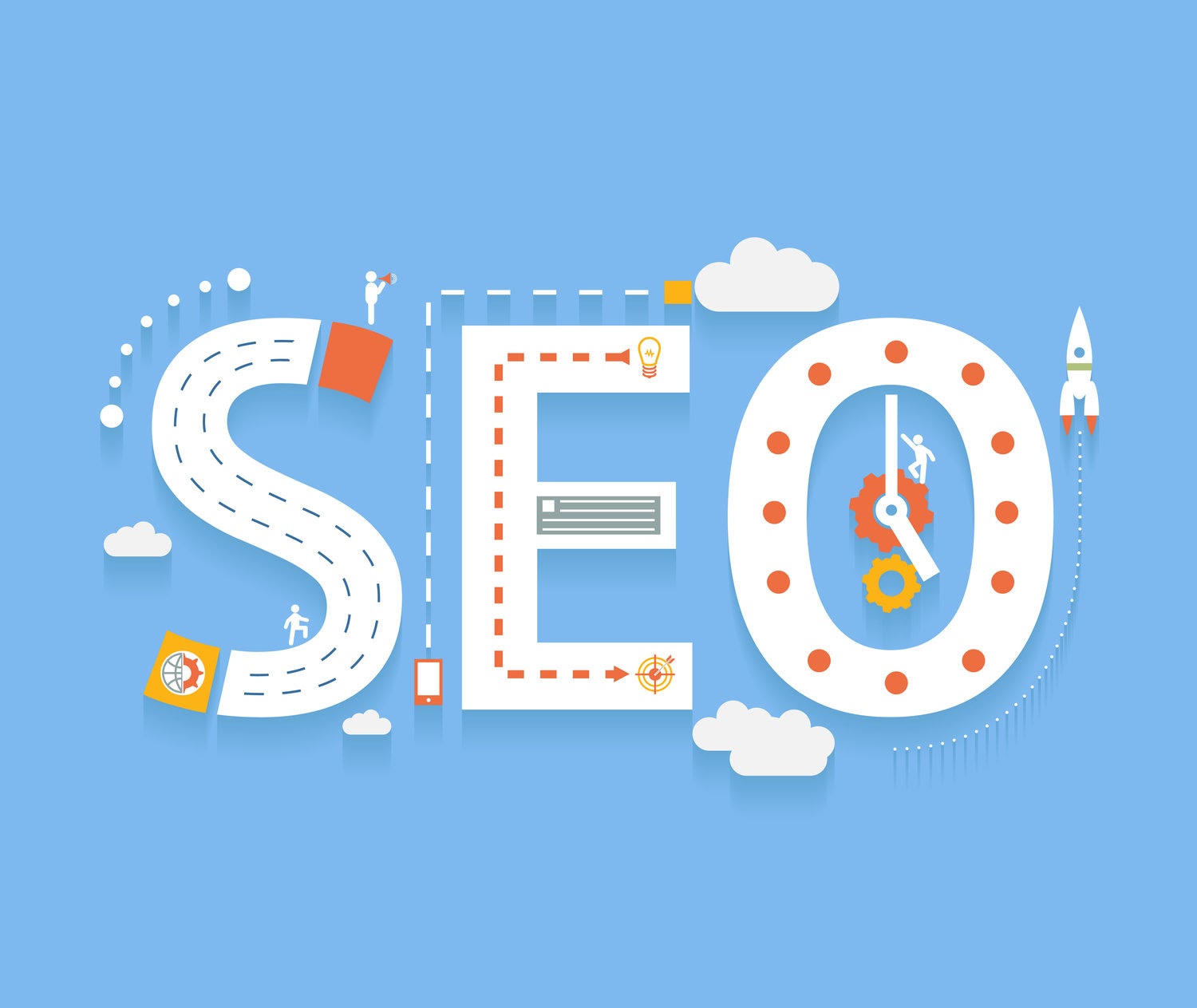 SEO in flat style, success internet searching optimization process illustration concept