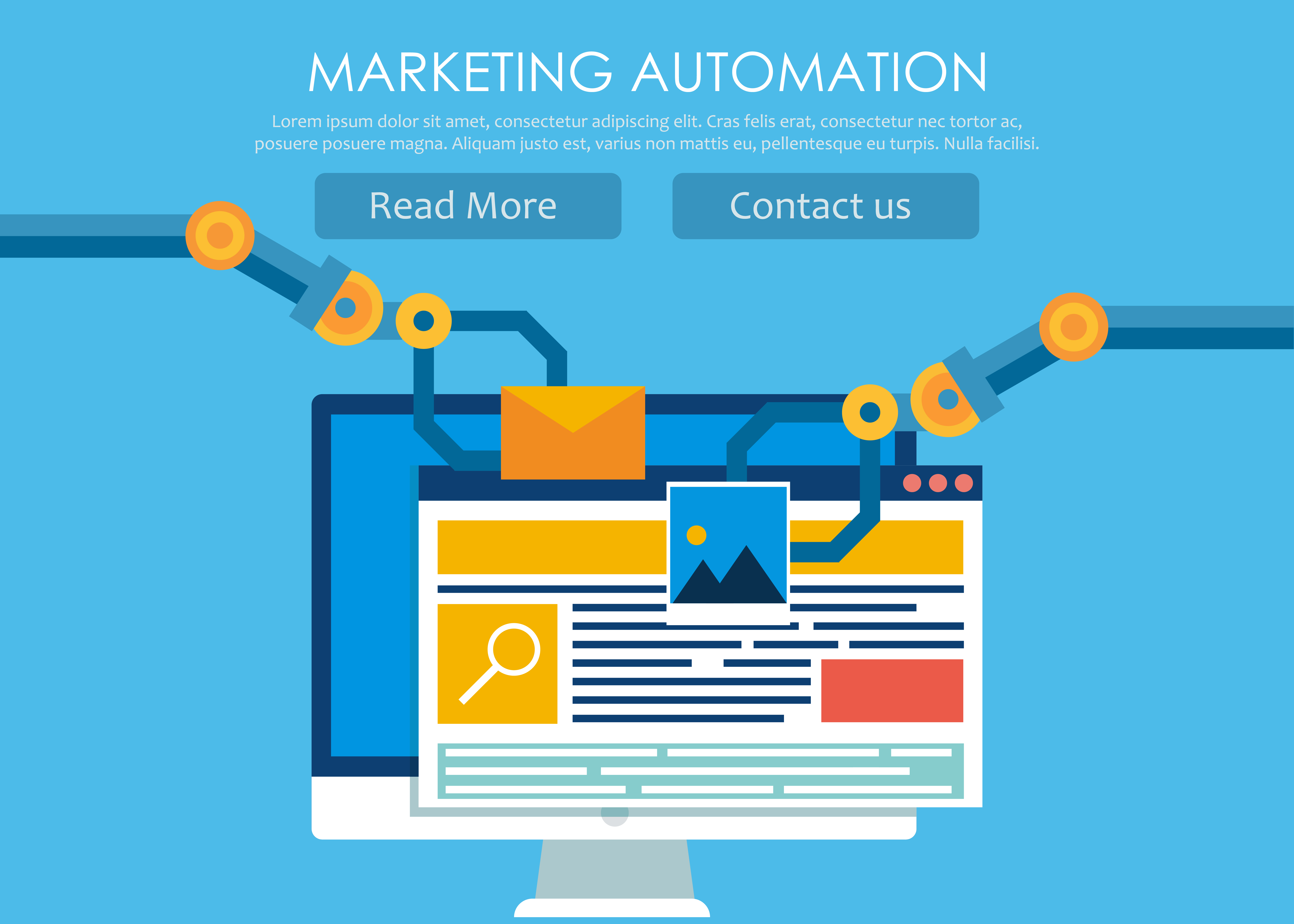 Marketing Automation. Computer with a site that builds the robot's hands. Vector flat illustration