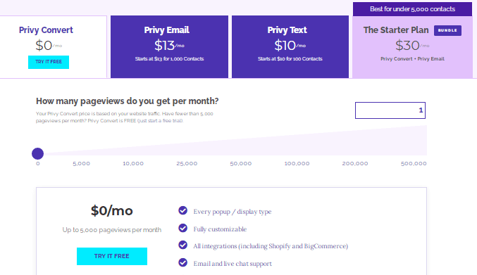 mailchimp apps privy pricing table