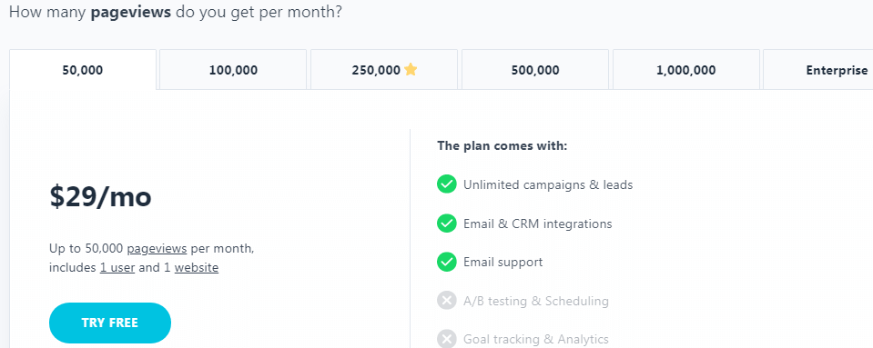 mailchimp apps wisepops pricing table