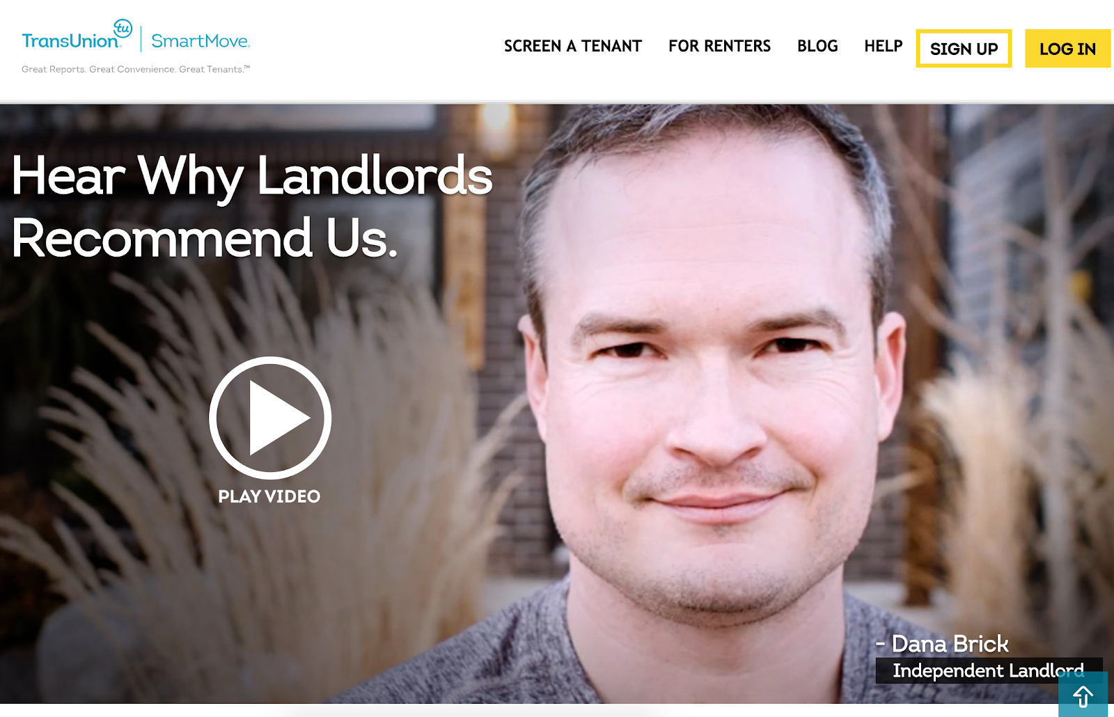 SmartMove, a tenant background check company, features a video testimonial from a satisfied landlord on the homepage of their website. Source: SmartMove