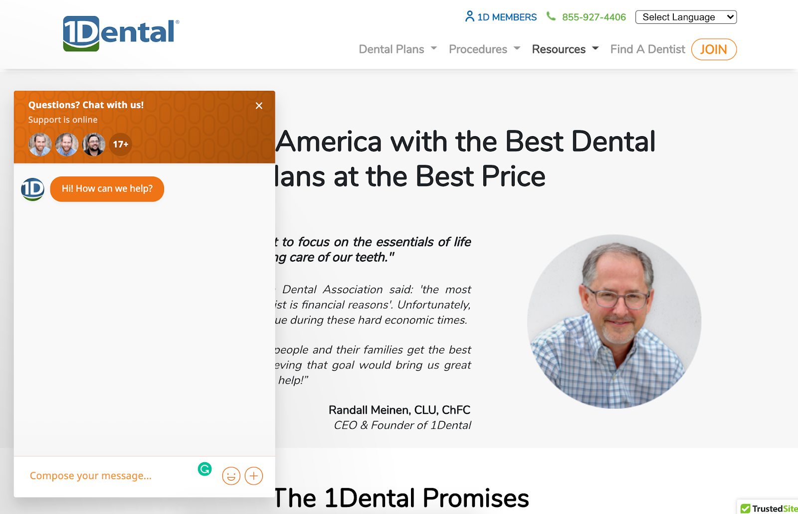 1Dental с гордостью отображает функцию живого чата в левом нижнем углу своего веб-сайта, независимо от того, на какой странице находится посетитель. Источник: 1Dental