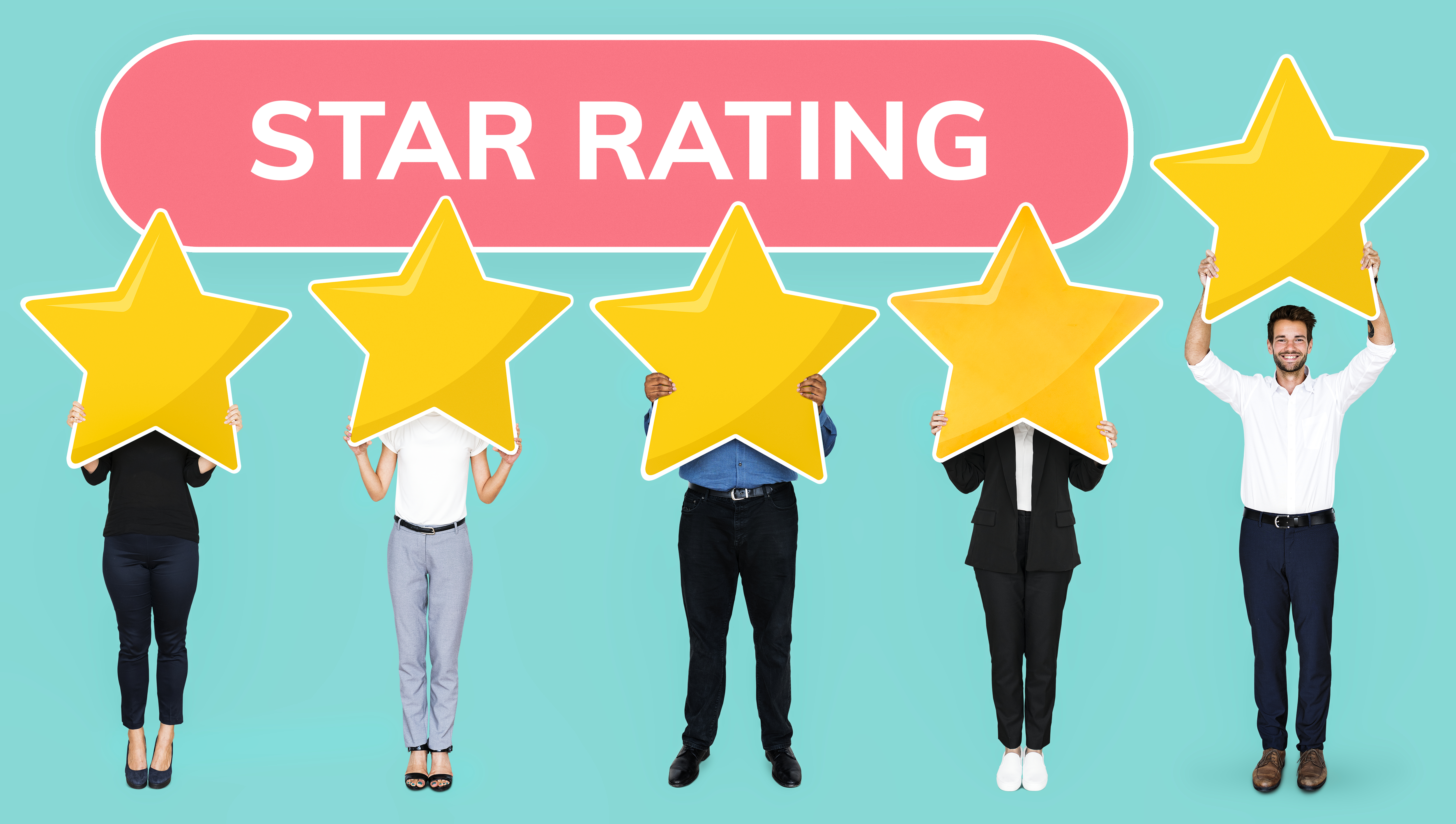 Diverse people showing golden star rating symbol