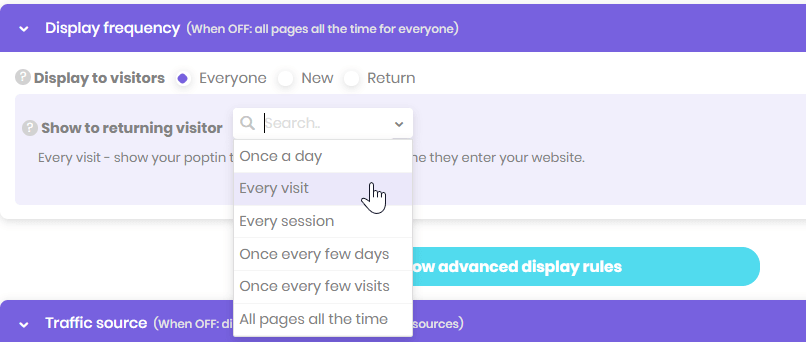 activadores emergentes de configuración de frecuencia de ejemplo poptin