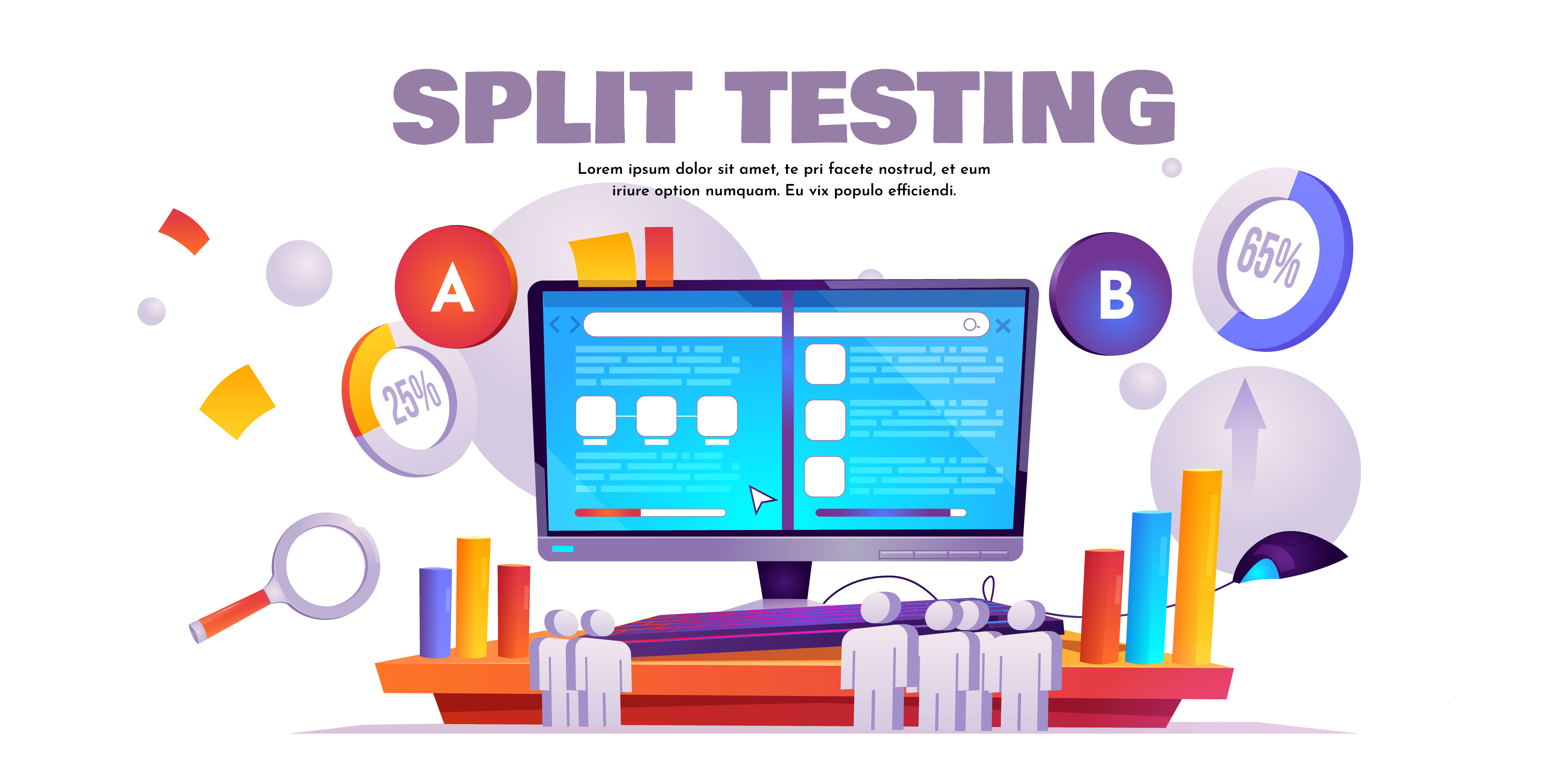 Bannière de dessin animé de tests fractionnés AB, comparaison de sites Web, résultats du service en ligne d'optimisation du taux de conversion sur écran d'ordinateur. Marketing Internet, illustration vectorielle d'analyse de démarrage de référencement e-commerce