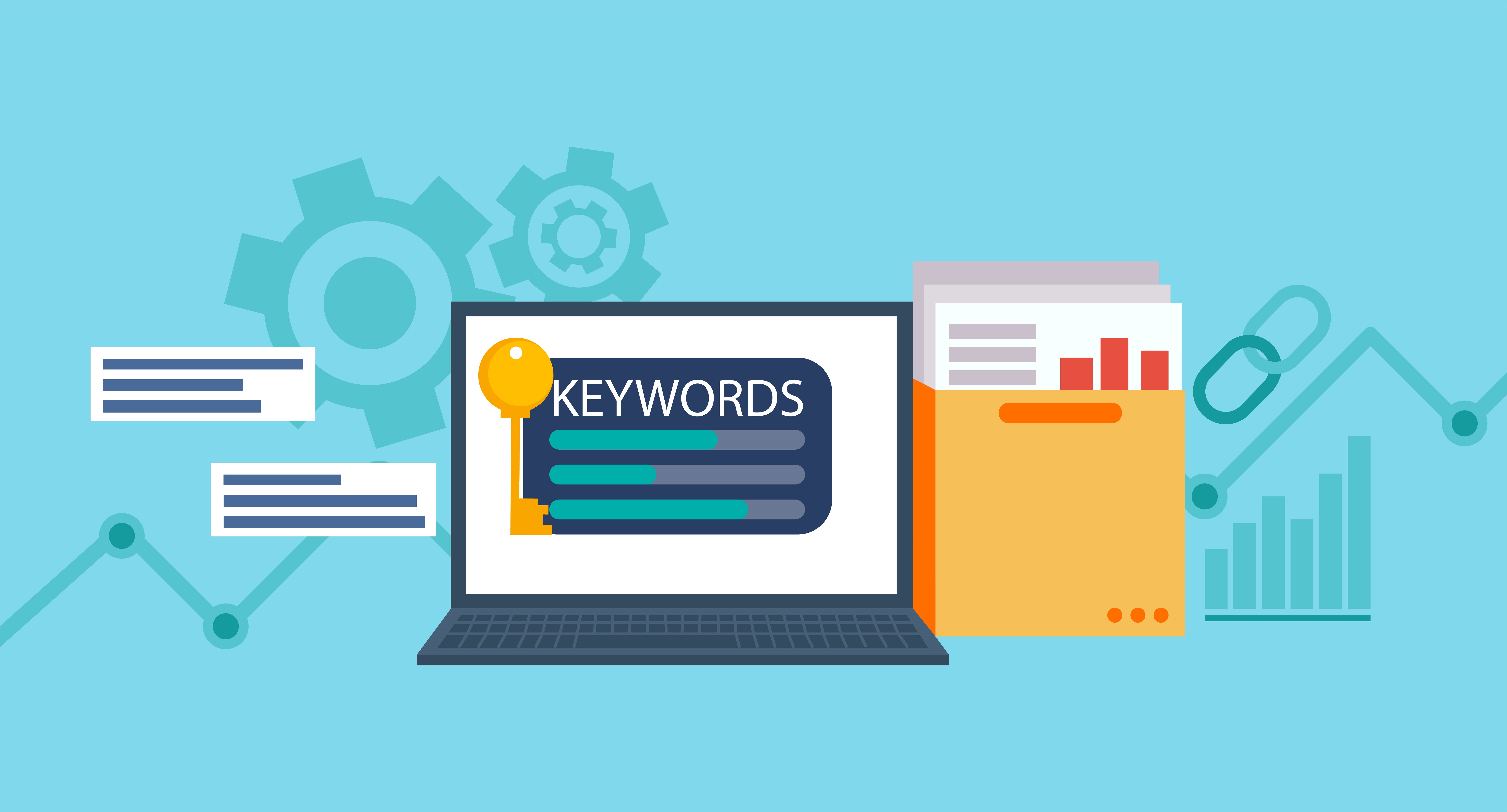 Keywords Research banner. Laptop with a folder of documents and graphs and key. Vector flat illustration
