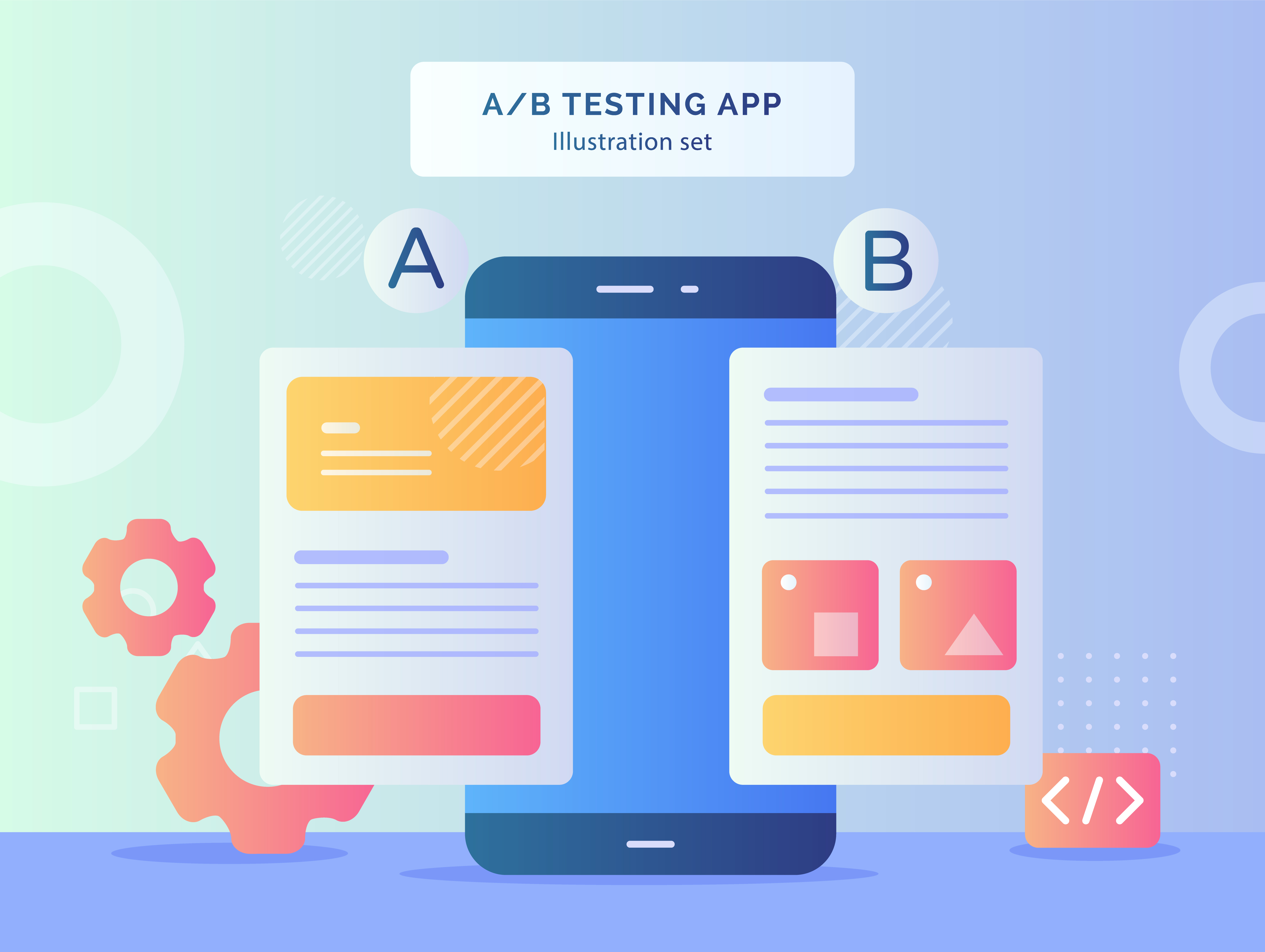 Risultati del set di illustrazioni dell'app test AB che confrontano due dispositivi mobili wireframe di due pagine del sito Web su smartphone con stile piatto.