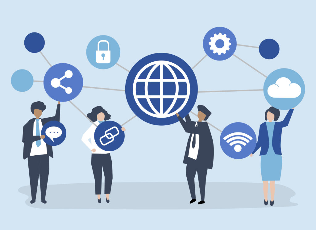 Character illustration of business people with connection icons