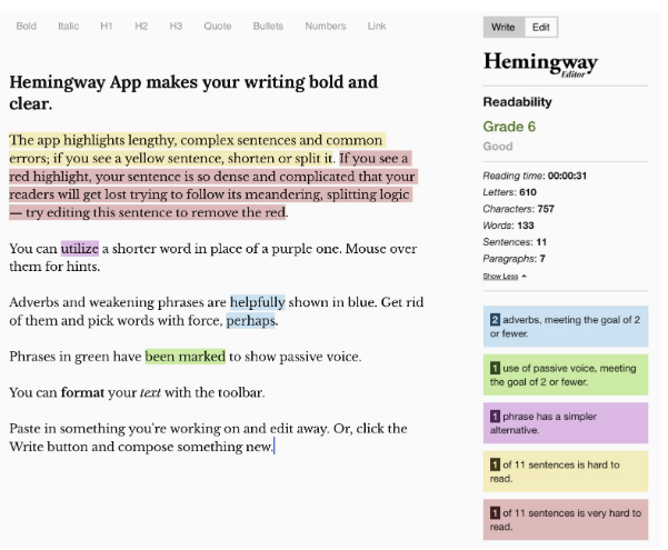 rédaction de contenu pour les débutants, exemple de conseils pour la rédaction de contenu de l'éditeur Hemingway