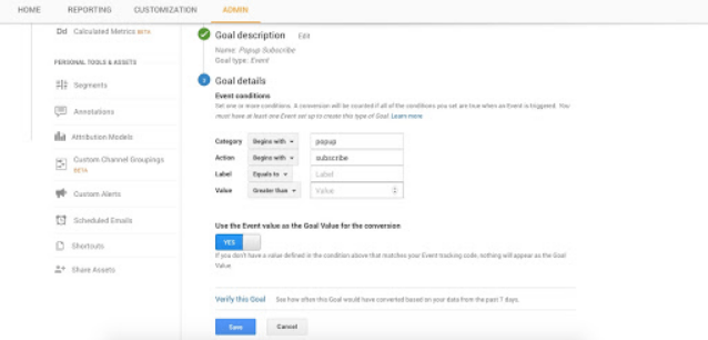 Características importantes del creador de ventanas emergentes: Google Analytics.