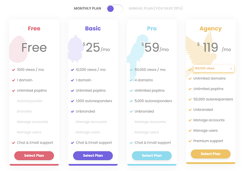 poptin pricing plan popups forms autoresponders