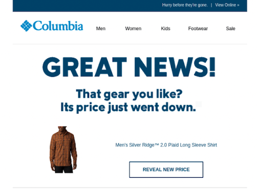 E-mail de desconto da Columbia Sportswear