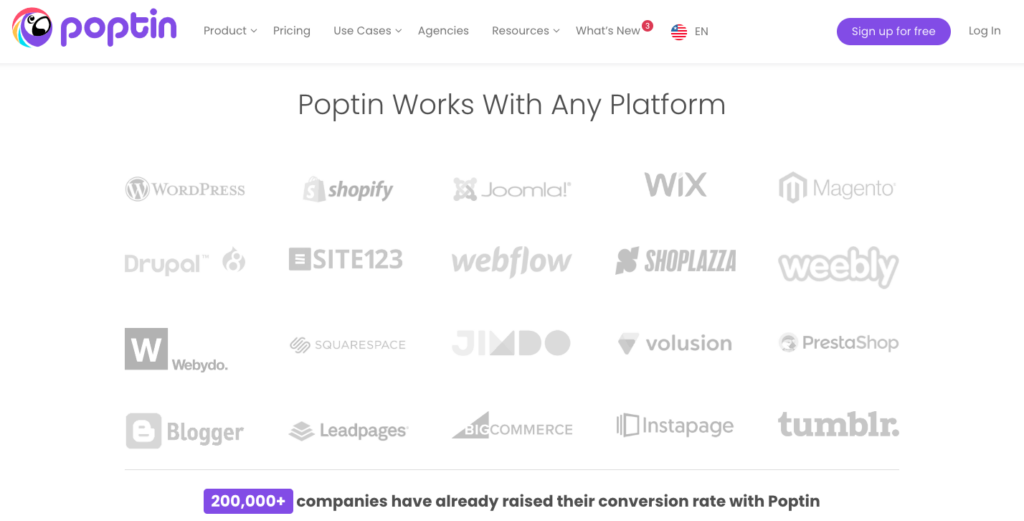 Sitio web de Poptin que muestra sus integraciones de sitios web de terceros