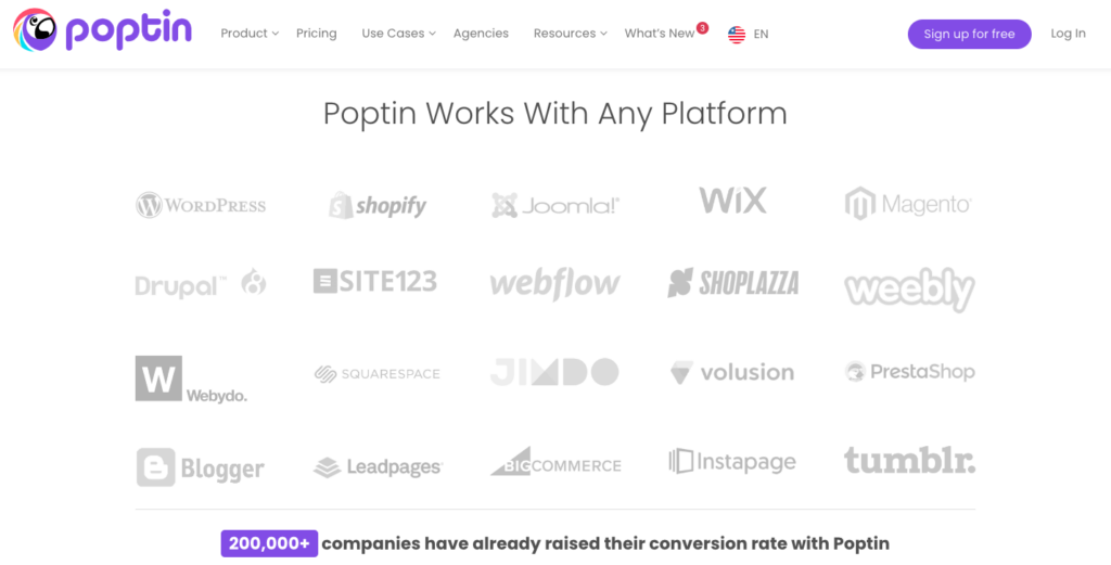 Site Web Poptin montrant ses intégrations de sites Web tiers