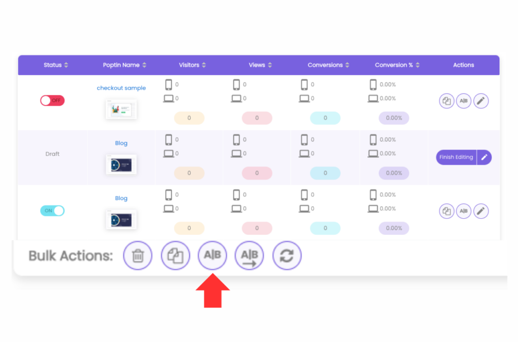 Tableau de bord de l'application Poptin affichant la fonction de test A/B pour les popups