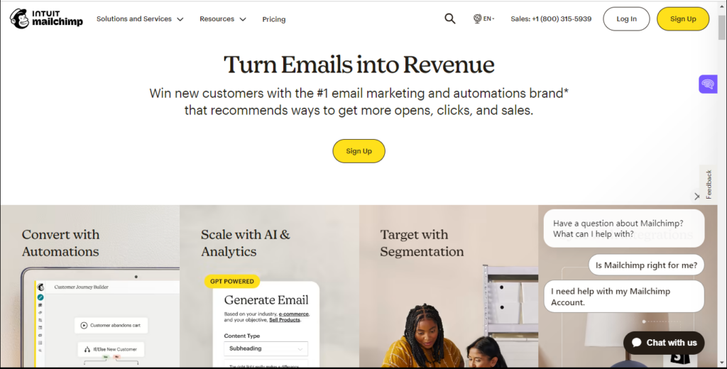 Page de destination de l'outil de marketing par e-mail MailChimp