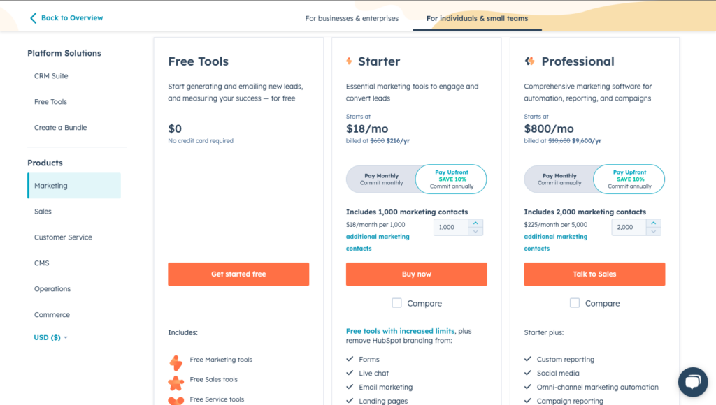 Captura de tela dos preços do Hubspot para software de marketing