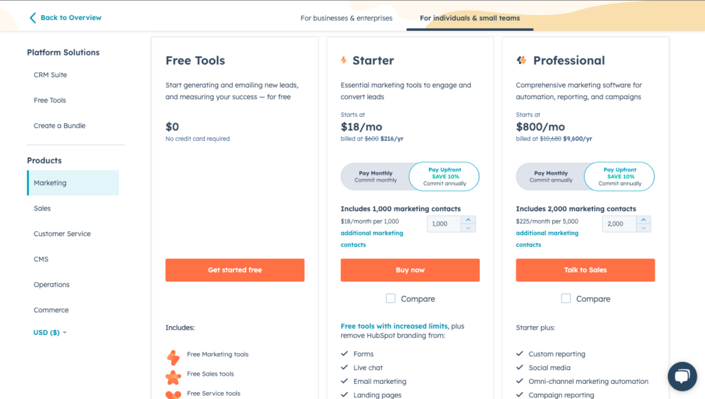 Capture d'écran de la tarification Hubspot pour les logiciels de marketing