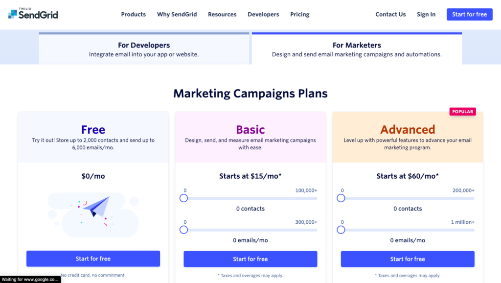 Screenshot of Sendgrid website