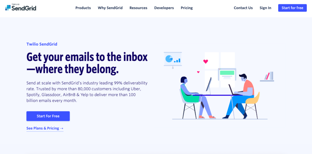 Captura de tela do site SendGrid