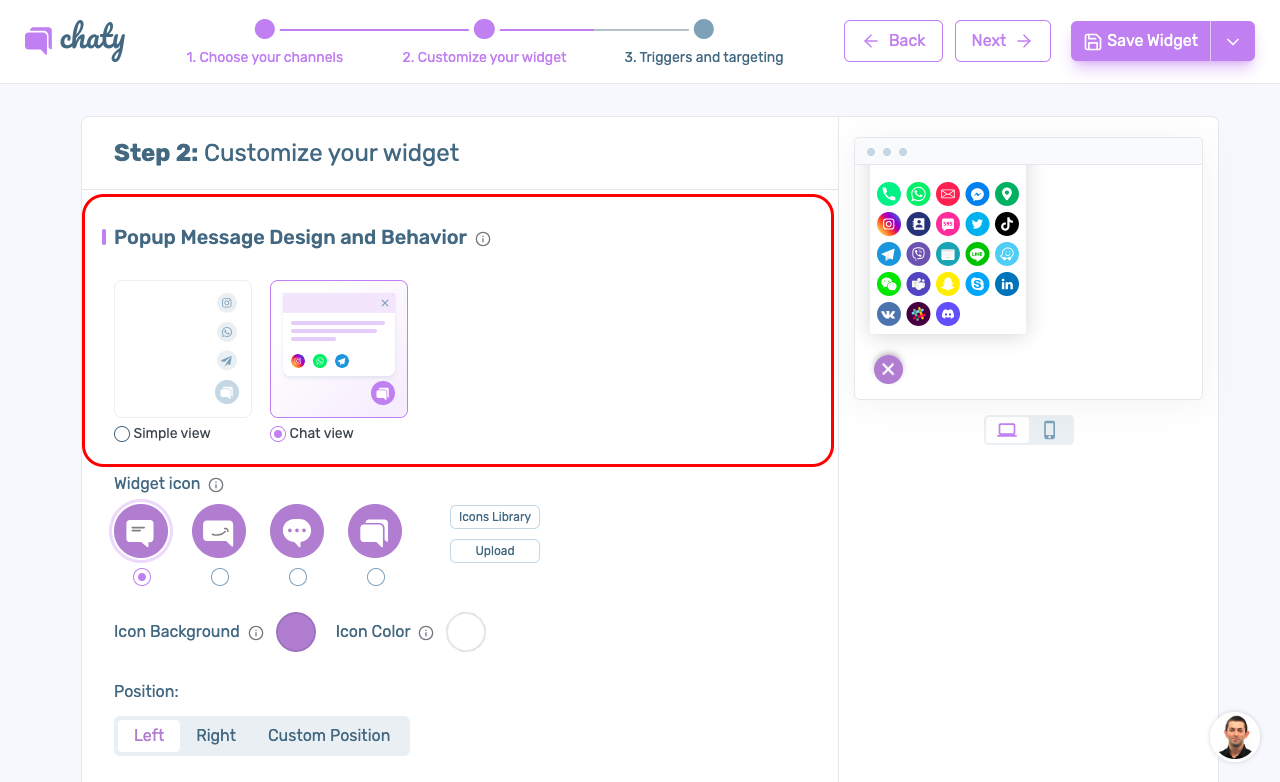 Plug-in Chaty WordPress mostrando o recurso de visualização de bate-papo