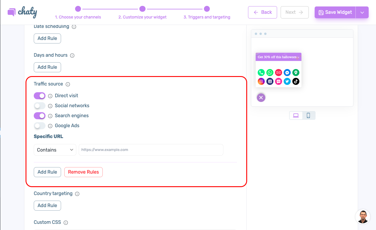 トラフィック ターゲティング機能を表示する Chaty Pro ダッシュボード