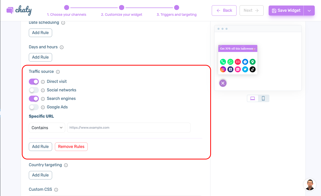 Chaty Pro dashboard showing the traffic targeting feature