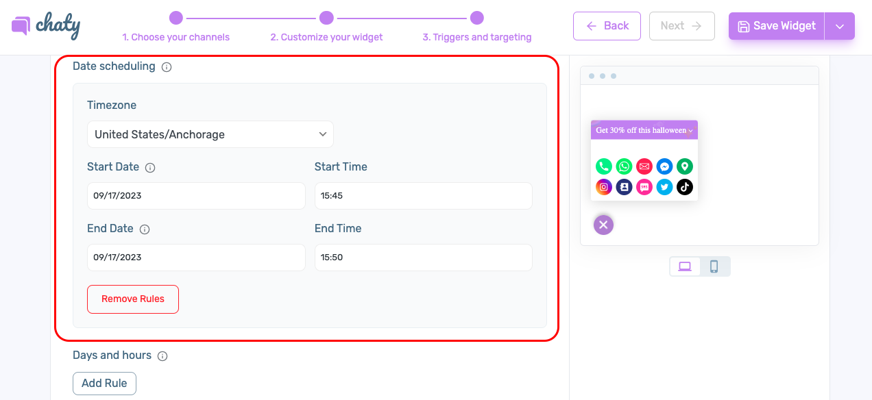 Chaty Pro WordPress プラグイン ダッシュボードにターゲティング ルール機能が表示される