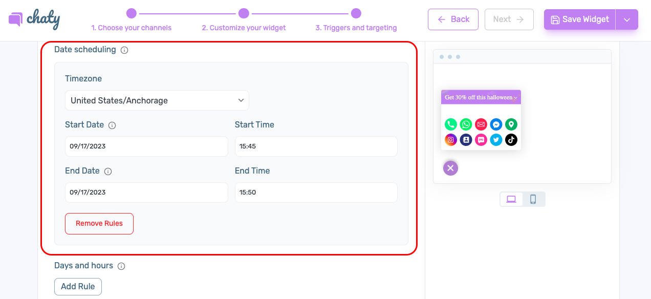 Chaty Pro WordPress plugin dashboard showing targeting rules feature