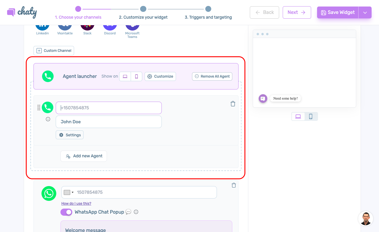 エージェント機能を表示する Chaty WordPress ダッシュボード