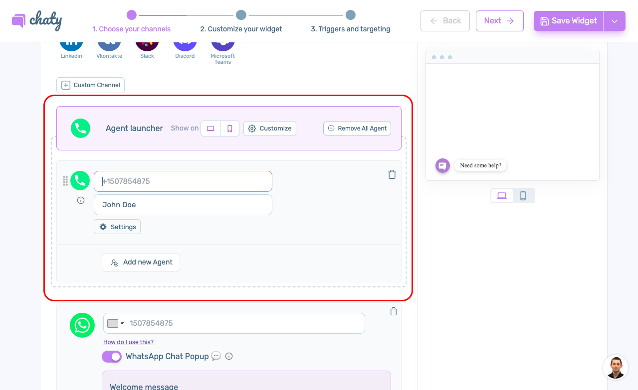 Tableau de bord Chaty WordPress montrant la fonctionnalité Agents