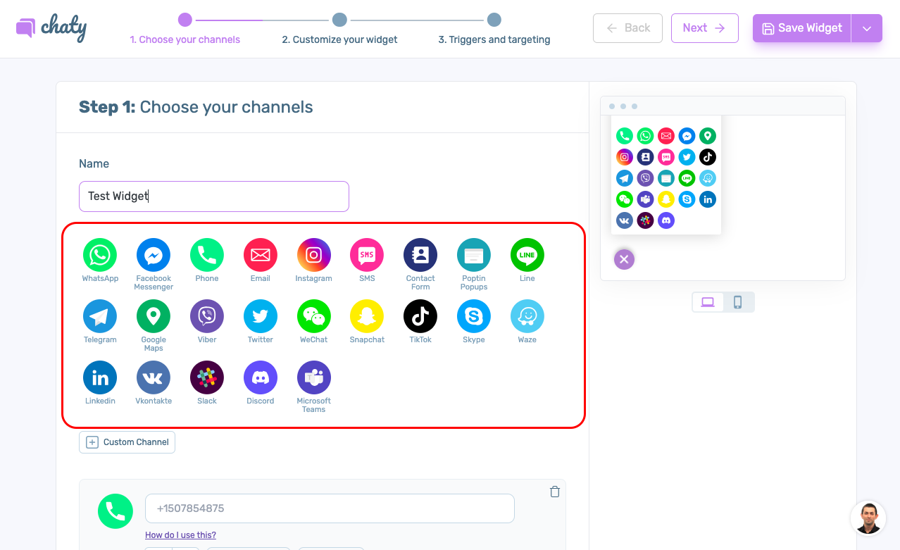 Chaty Pro WordPress plugin dashboard showing available chat channels 