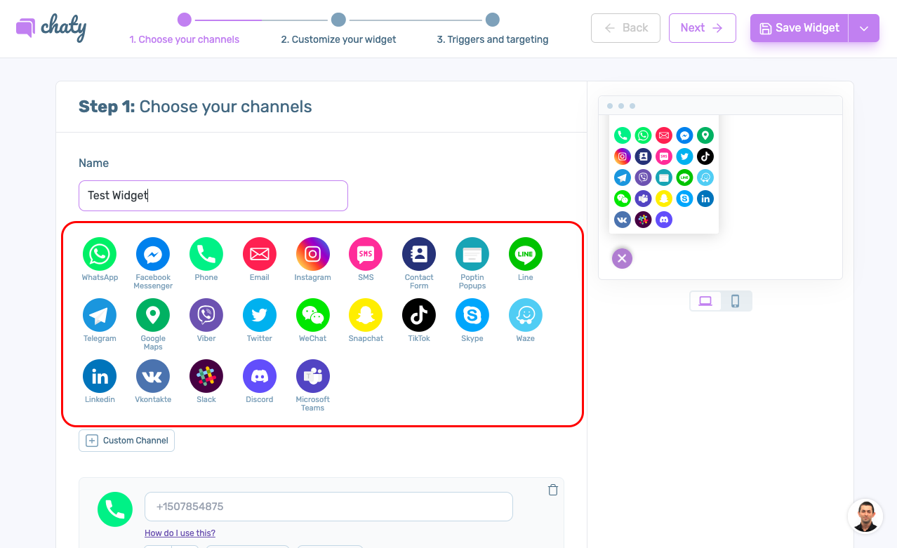 Panel de control del complemento Chaty Pro WordPress que muestra los canales de chat disponibles