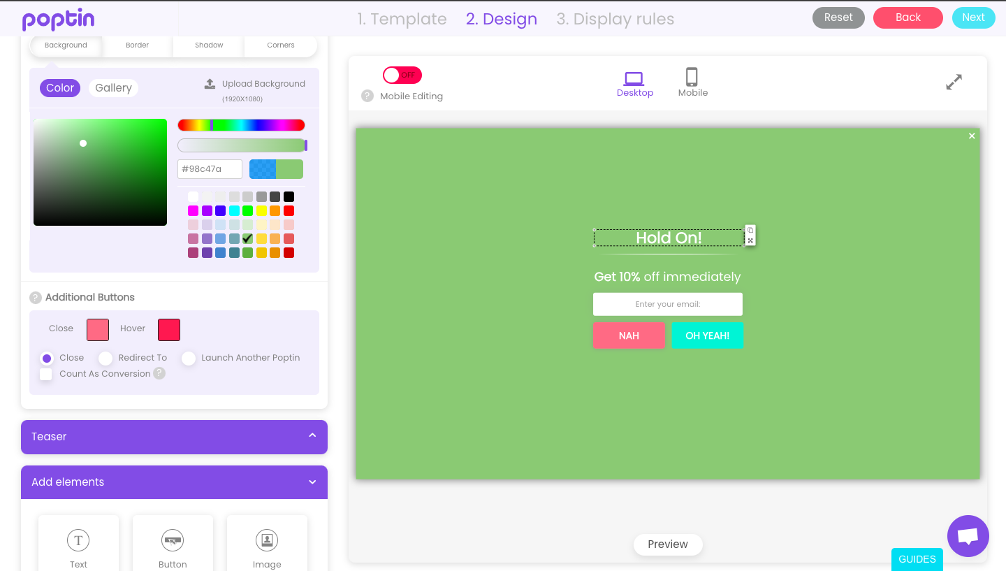 Poptin popup builder dashboard featuring an email popup