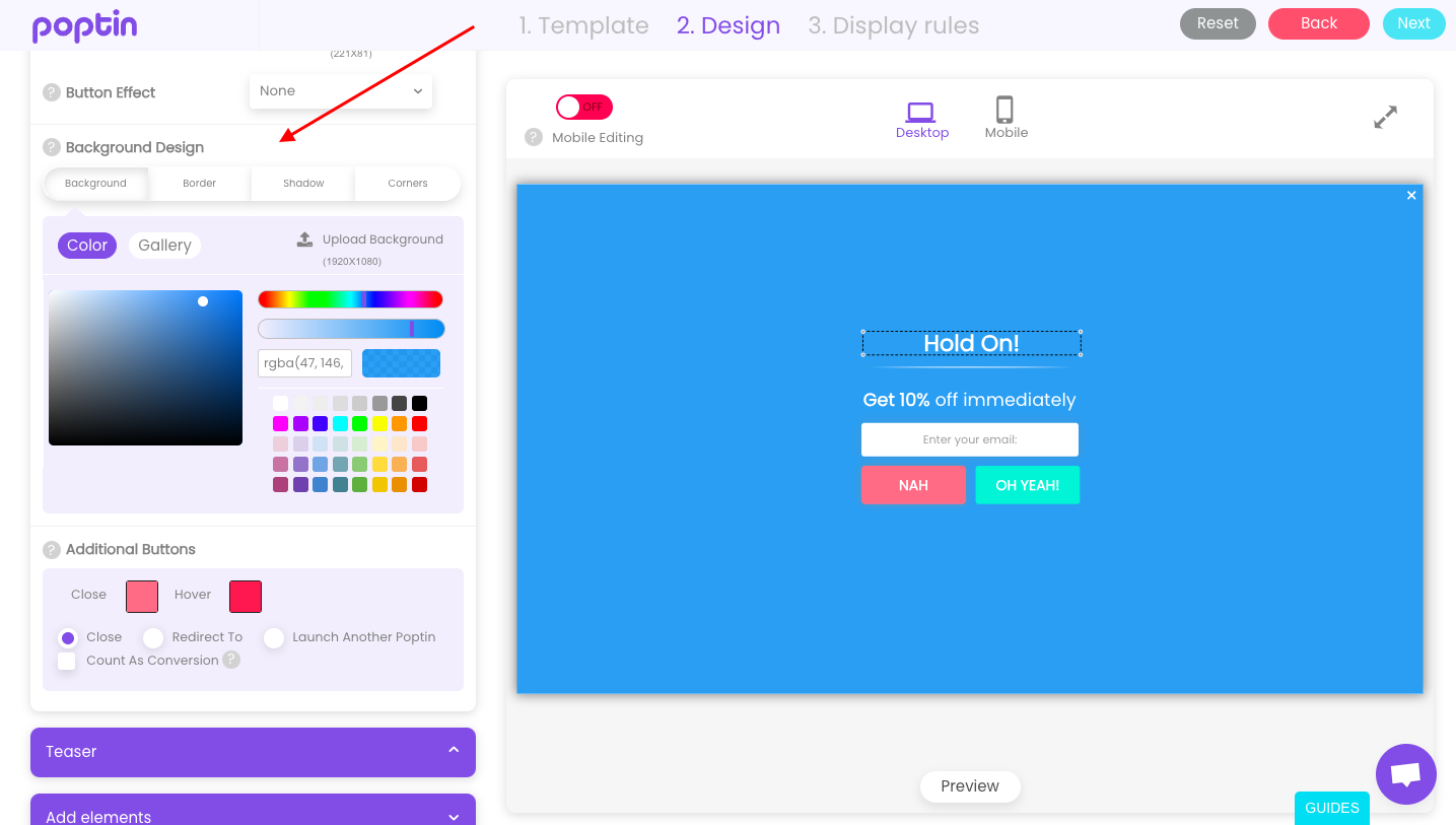 Poptin-Popup-Builder, der ein Popup zeigt, das erstellt und bearbeitet wird, um Farben, Schriftarten und Bilder anzupassen