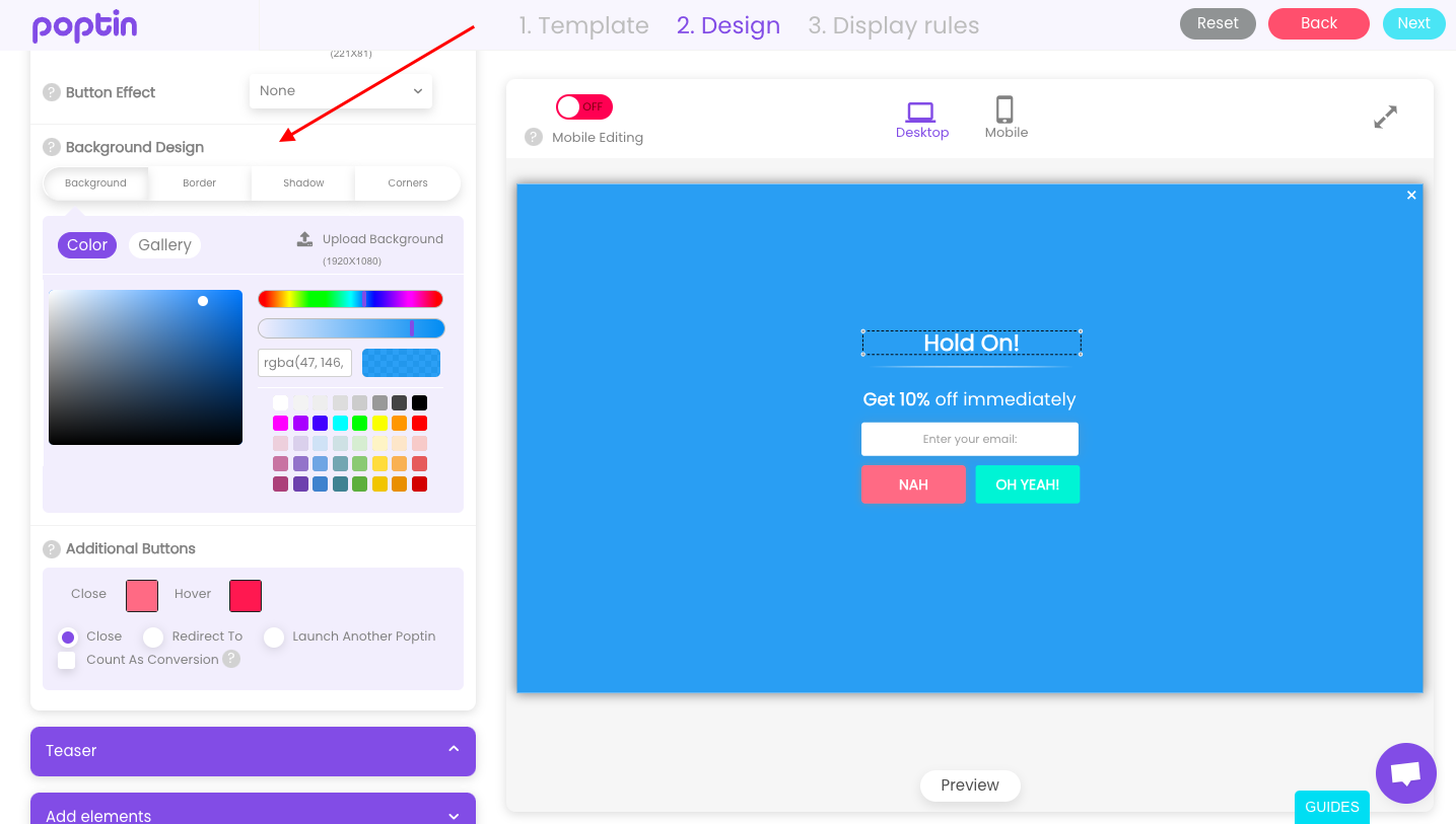Poptin popup builder showing a popup being created and edited to match colors, fonts and images