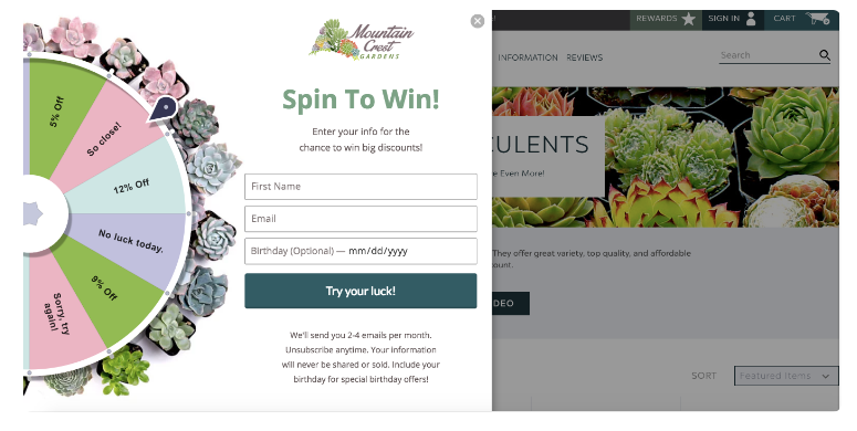 La imagen muestra una ventana emergente gamificada que tiene una opción de giro para ganar. Es una captura de pantalla del sitio web de Mount Crest Gardens.
