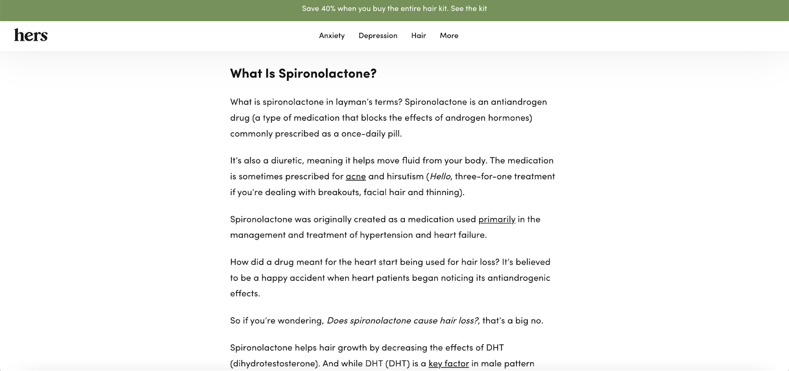 De afbeelding toont de beschrijving van Spironolactone, een van de producten van Hers. Het is een poging om gebruikers duidelijke details van het product te bieden.