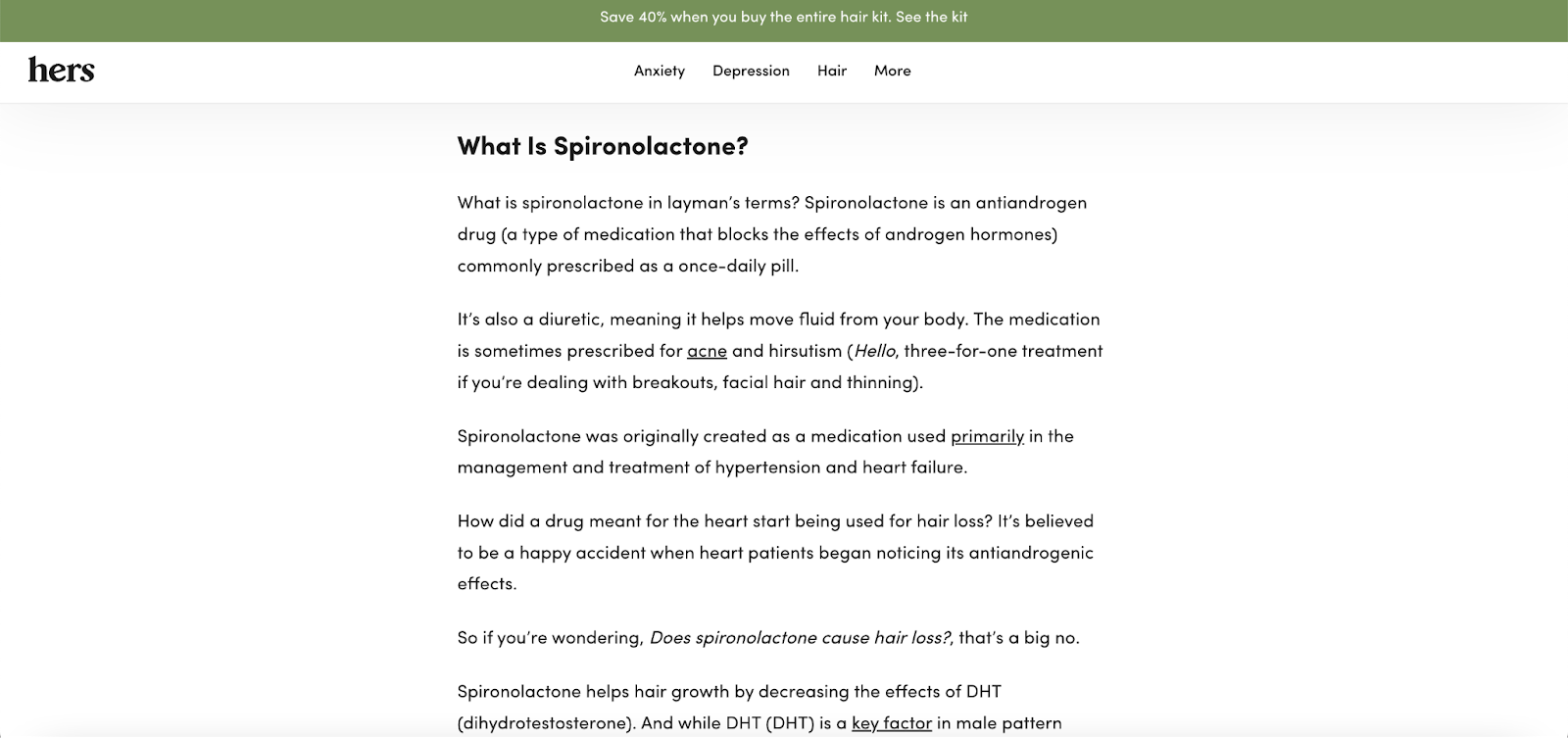 L'immagine mostra la descrizione dello Spironolattone, uno dei prodotti di Hers. È uno sforzo fornire agli utenti dettagli chiari sul prodotto.