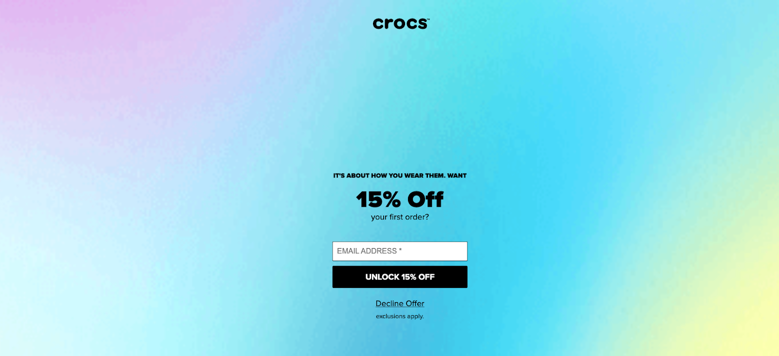 Screenshot dell'offerta popup di Crocs