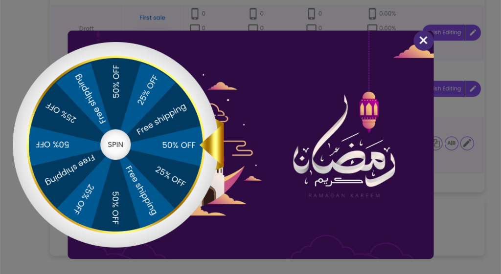 Spin the wheel popup example for Eid festive season