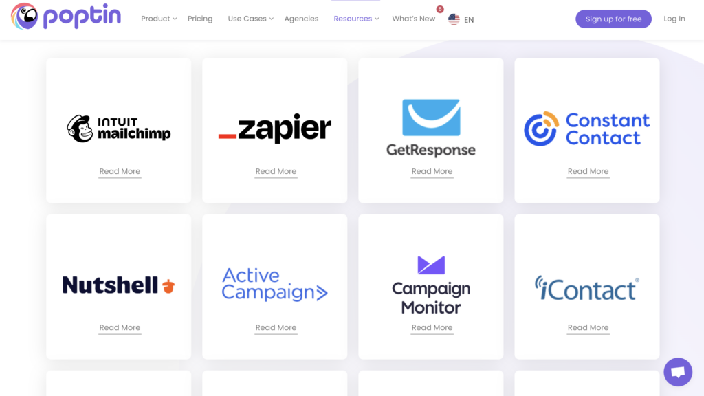 Intégrations du logiciel de marketing par e-mail Poptin
