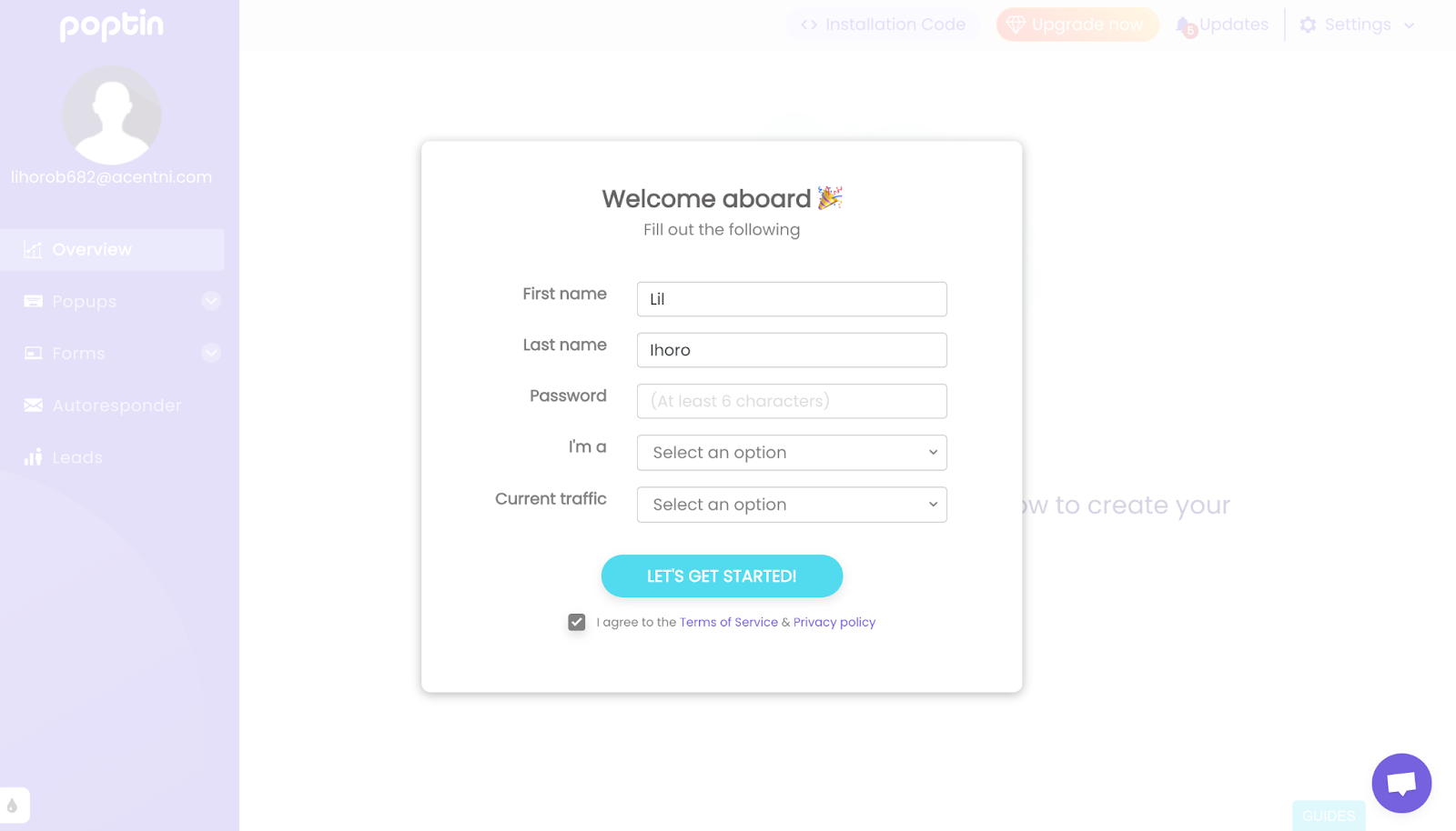 Poptin dashboard showing onboarding details for a new user