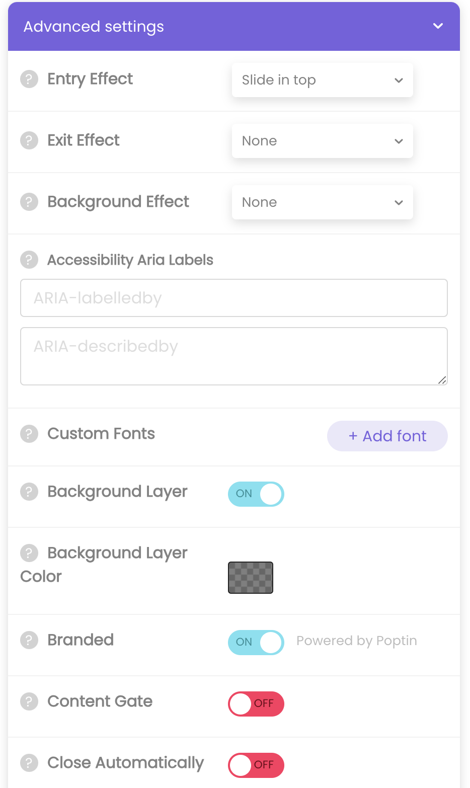 Popup targeting rules shown inside Poptin's editor