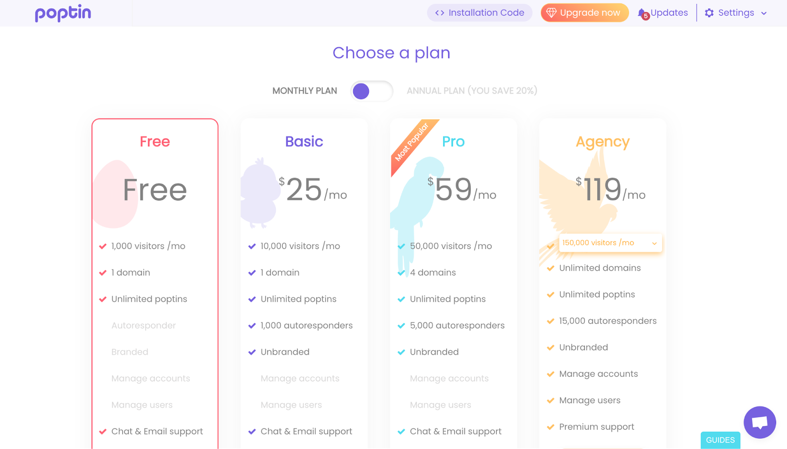 Poptin's pricing plans