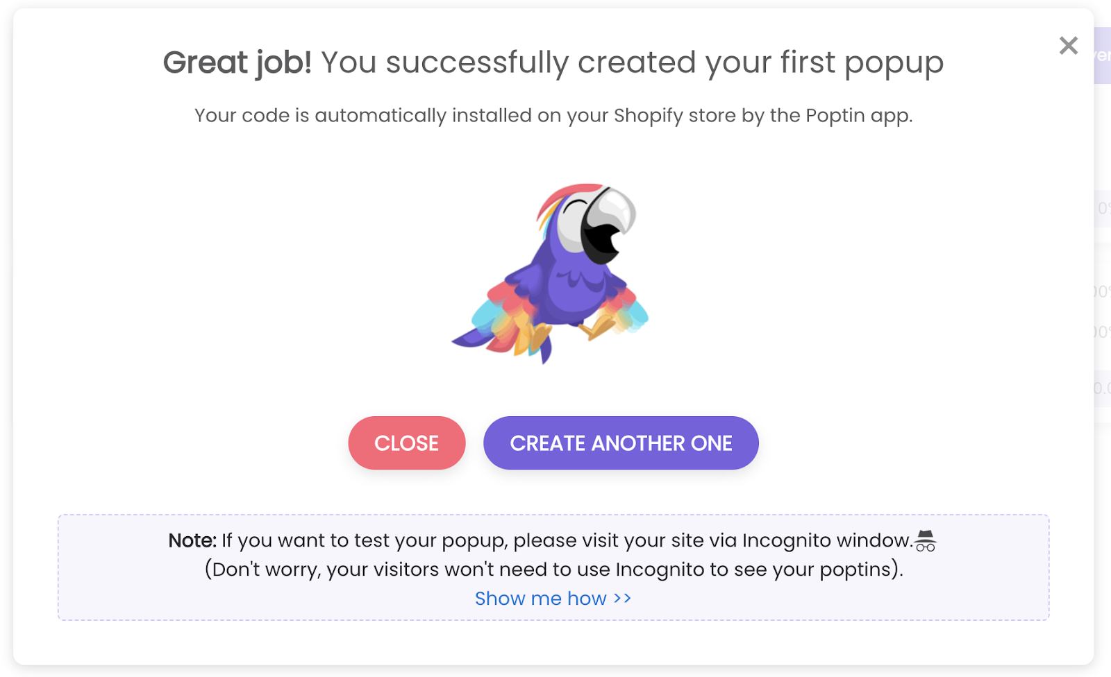 Success page for a popup created using Poptin