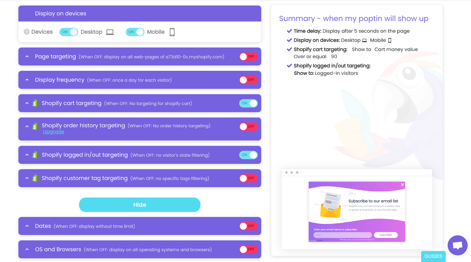 Reglas de orientación de Shopify para ventanas emergentes dentro del editor de Poptin