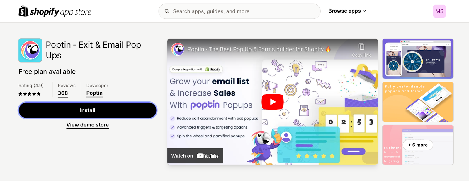 Application Poptin sur la boutique d'applications Shopify